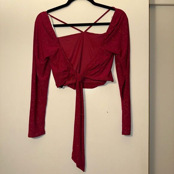 Lulus Medium Dark Pink Glitter Ruched Crop Top Long Sleeve Back Tie NWT - Picture 3 of 8